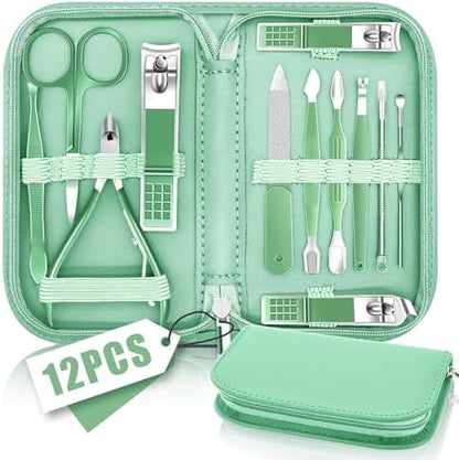 Manicure Pedicure Set, Nail Clipper Set for Men Women, Professional Manicure Kit Pedicure Kit, Nail Care Kit with Green Travel Leather Bag, Set 12 in 1