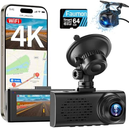 4K Dash Cam Front and Rear, 4k+1080p Dashcam for Car Built in GPS,5GHz WiFi, 64GB Card, Loop Recording Dash Cam w/Parking Monitor, Car Dash Cam Built-in Night Vision, App Control, WDR, G-Sensor
