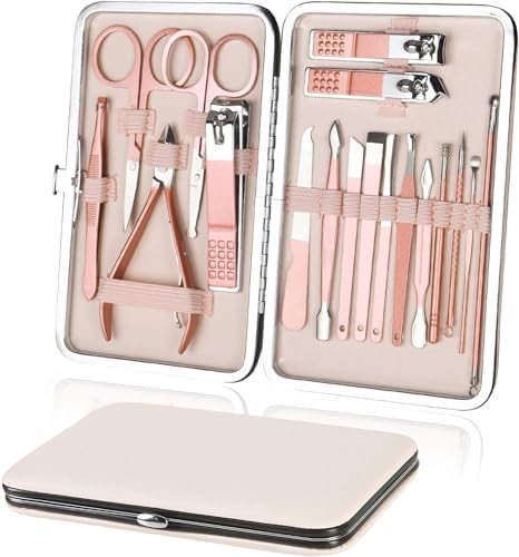 Nail Clippers 18 pcs Manicure Set Nail Scissors Cuticle Remover for Men Women Stainless Steel Nail Care Grooming Kit with Leather Case for Travel & Home
