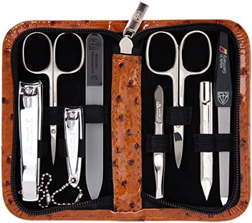 3 Swords Germany - brand quality 8 piece manicure pedicure grooming kit set for professional finger & toe nail care scissors clipper fashion leather case camou in gift box, Made in Germany