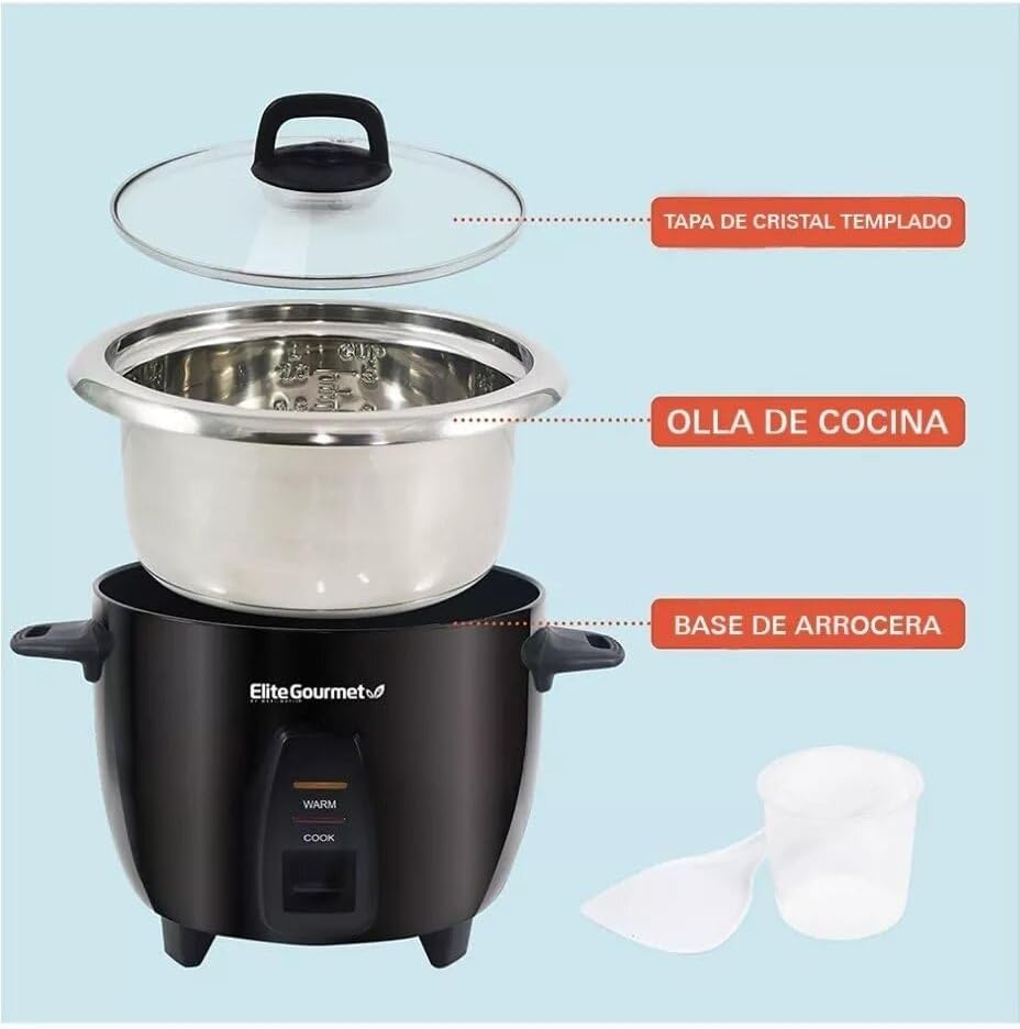 Elite Gourmet Maxi-Matic Electric Rice Cooker with Stainless Steel Inner Pot Makes Soups, Stews, Porridge's, Grains and Cereals, 10 cups cooked (5 Cups uncooked), Black, ERC-2010B