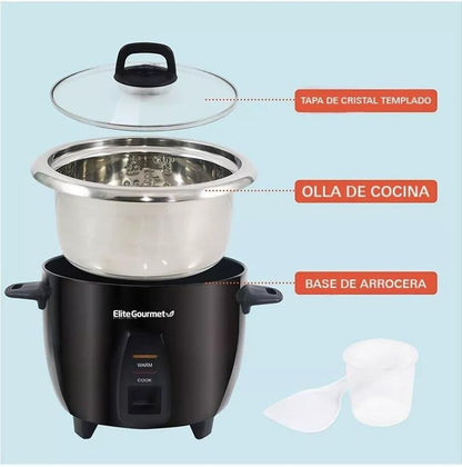 Elite Gourmet Maxi-Matic Electric Rice Cooker with Stainless Steel Inner Pot Makes Soups, Stews, Porridge's, Grains and Cereals, 10 cups cooked (5 Cups uncooked), Black, ERC-2010B