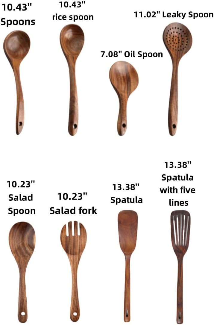 Purilite Select – Natural Teak Wooden Cooking Utensils Set (8-Piece Spoons &amp; Spatulas)