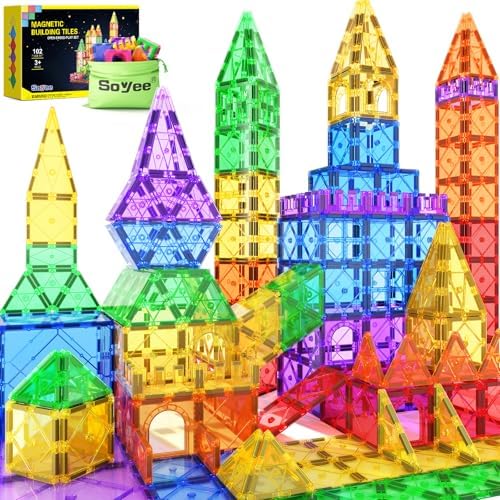 Magnetic Tiles Building Blocks 102pcs Advanced Set STEM Toys for 3+ Year Old Boys and Girls Montessori Toys Toddler Kids Activities Games Christmas New Year Gifts Classroom Must Haves School Supplies