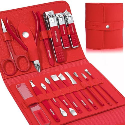 Manicure Set Professional Nail Clippers Pedicure Kit, 16 pcs Stainless Steel Nail Care Tools Grooming Kit with Luxurious Travel Leather Case for Thick Nails Men Women Gift (Black)