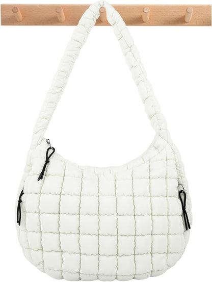 Quilted Puffer Tote Bag Large Crossbody Shoulder Bag with Zipper, Nylon Hobo Oversized Handbag
