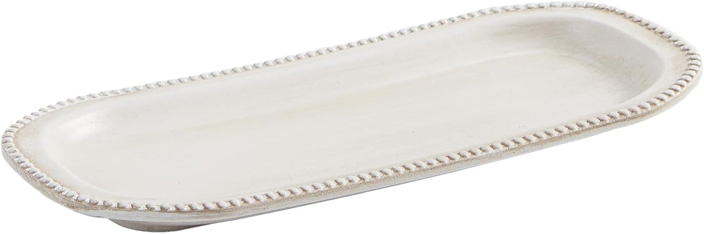 White Oval Decorative Tray for Farmhouse Home Decor – Beaded Wood Vanity and Coffee Table Tray for Jewelry, Perfume, Bathroom and Kitchen Counter Styling - PuriLite