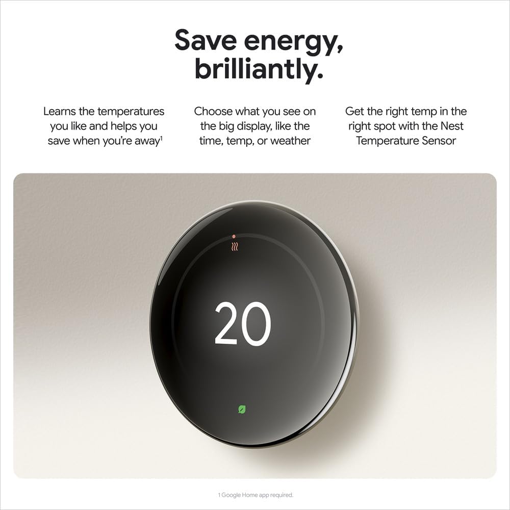 Google Nest Learning Thermostat (4th Gen) with Nest Temperature Sensor (2nd Gen) - Energy Saving Smart Thermostat with Adaptive Eco - Works with Alexa and Google Home App - Polished Obsidian