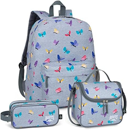 Roots Essential 3-in-1 Matching Water Resistant Kids Backpack and Lunch Bag Set with Bonus Pencil Case - Made From 100% Recycled Fabrics - 22.5 litres, Purple Pink Polka Dot