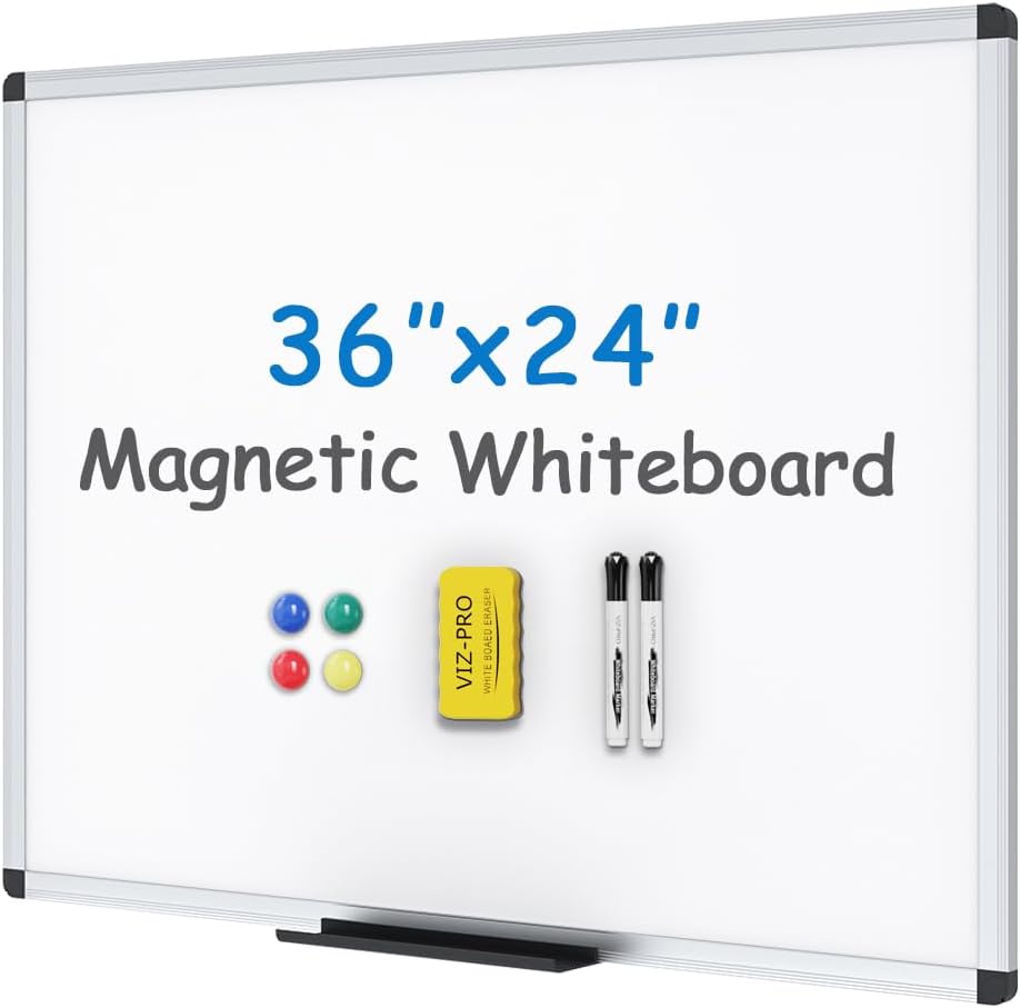 VIZ-PRO Magnetic Whiteboard/Dry Erase Board, 36 X 24 Inches, Includes 1 Eraser & 2 Markers & 4 Magnets | Includes 1 Eraser, 2 Markers & 4 Magnets, 3' x 2', Aluminum Frame, for School Office and Home