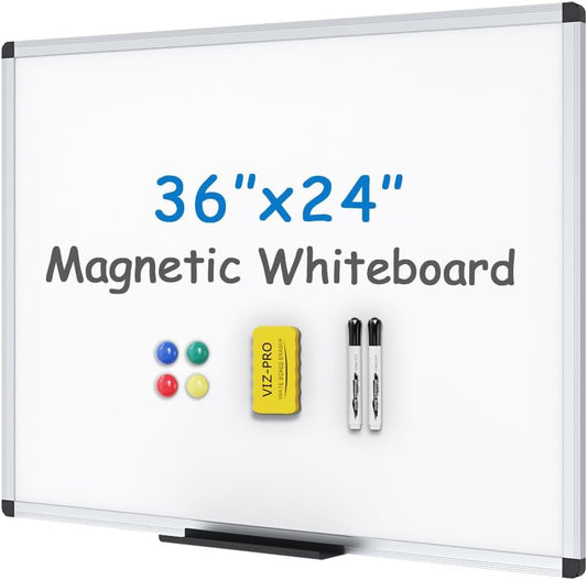 VIZ-PRO Magnetic Whiteboard/Dry Erase Board, 36 X 24 Inches, Includes 1 Eraser & 2 Markers & 4 Magnets | Includes 1 Eraser, 2 Markers & 4 Magnets, 3' x 2', Aluminum Frame, for School Office and Home
