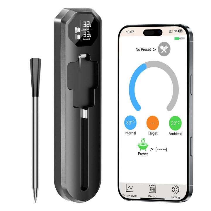 Digital Meat Thermometer Wireless Bluetooth with Smart App, 527°F Heat Resistant Probe, 100m Remote Range,Camping Appliances, Kitchen Essentials for Oven BBQ Grilling and Smoking
