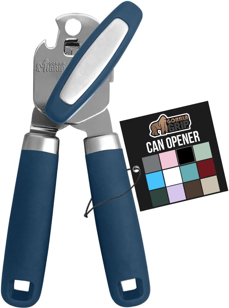 Heavy Duty Manual Can Opener with Bottle Opener – Smooth Edge Stainless Steel Cutter, Easy-Turn Knob, Comfortable Soft Grip Handles, Blue - PuriLite
