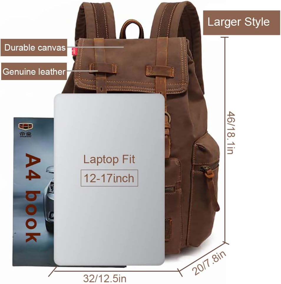 AUGUR Canvas Backpack,17 inch Laptop Backpack Vintage Canvas Leather Backpacks Casual School College Bag Pack Bookbag Hiking Travel Rucksack Daypack (L-Coffee)