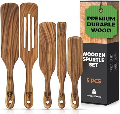 Wooden Spurtle Set, Teak Spurtles Kitchen Tools, Wooden Spatula for Cooking, Wood Utensils Set of 5, Non Stick Cookware for Serving, Stirring, Mixing, Scraping, Scooping, Healthy and Heat Resistant
