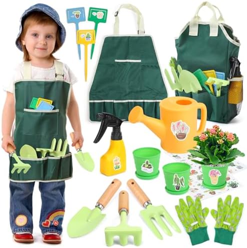 CUTE STONE Pink Kids Gardening Tool Set, Garden Toys W/ Shovel, Rake, Trowel, Apron W/Pockets, Garden Tote Bag, Watering Can, DIY Stickers, Outdoor Backyard Digging Gift Toys for Boys Girls