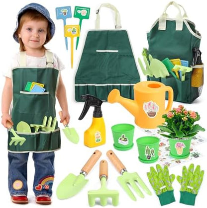 CUTE STONE Pink Kids Gardening Tool Set, Garden Toys W/ Shovel, Rake, Trowel, Apron W/Pockets, Garden Tote Bag, Watering Can, DIY Stickers, Outdoor Backyard Digging Gift Toys for Boys Girls