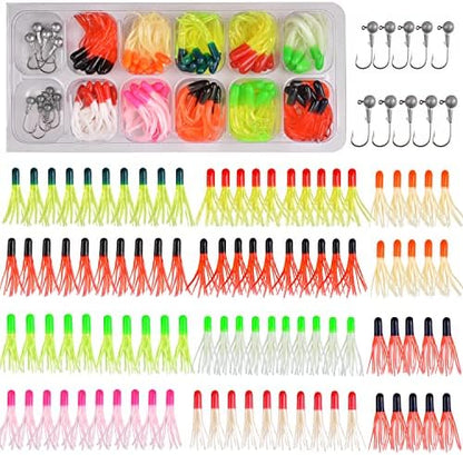 Soft Lures Fishing Jigs Kit, Worm Grub Fishing Lures Jig Head Hooks Kit Grubs Bait Jig Heads Soft Plastic Bait Crappie Jigs Tubes Baits Curved Tail Lure Fishing Lures Kit for Walleye Bass Trout