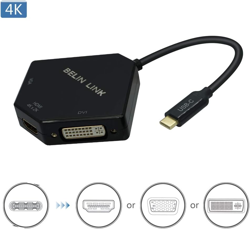 USB C to HDMI DVI VGA Adapter, 3 in 1 USB-C to 4K HDMI, VGA, DVI Video Adapter, Multi-Display Video Converter Monitors Connector for Mac Pro, MacBook Air, iPad Pro, XPS, etc (TC0302B)