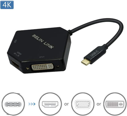 USB C to HDMI DVI VGA Adapter, 3 in 1 USB-C to 4K HDMI, VGA, DVI Video Adapter, Multi-Display Video Converter Monitors Connector for Mac Pro, MacBook Air, iPad Pro, XPS, etc (TC0302B)