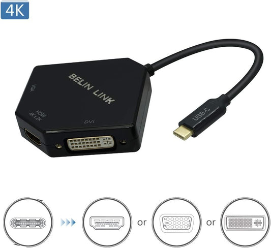 USB C to HDMI DVI VGA Adapter, 3 in 1 USB-C to 4K HDMI, VGA, DVI Video Adapter, Multi-Display Video Converter Monitors Connector for Mac Pro, MacBook Air, iPad Pro, XPS, etc (TC0302B)