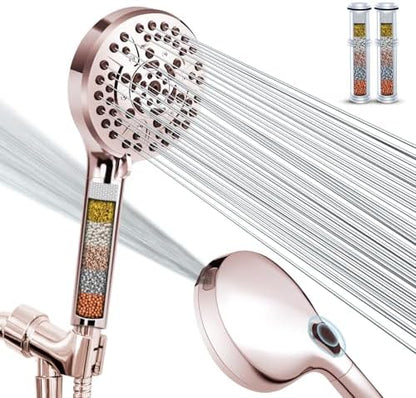 High Pressure 10-Mode Handheld Shower Head - Built in Power Wash for Clean, Replaceable Filter Soften Hard Water Remove Chlorine, 60 Inches Hose, Overhead Bracket, Anti-Clog Nozzle (Chrome)