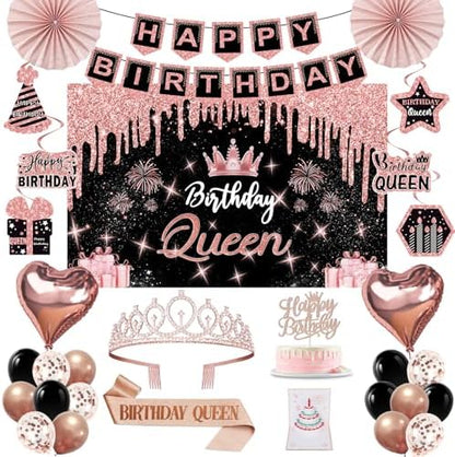 40th Birthday Decorations for Women,32pcs 40th Birthday Party Decorations,Including Backdrop, Crown,Sash,banner, Hanging Swirl,Cake Topper,balloons,Paper Fans,Anniversary Card and paper fans