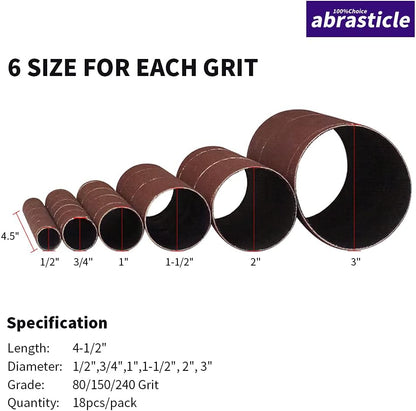 18 Pack Spindle Sander Sleeves, Sanding Sleeves for Oscillating Sander, 80 150 240 Assorted Grit Sandpaper, 4-1/2" Length, 1/2",3/4",1",1-1/2", 2", 3" Diameter