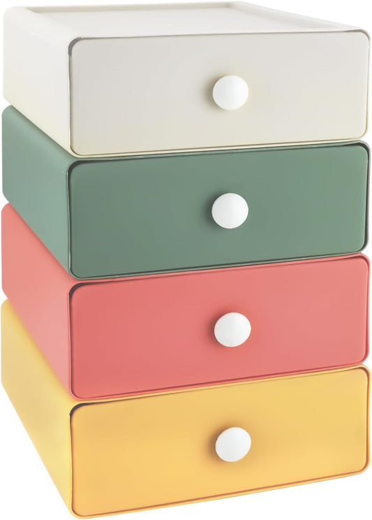 4 PCS Desktop Storage Drawers, Stackable Desk Organizer with Drawers, Large Capacity Desktop Storage Box for Office, School, Room, Dorm, Bathroom (4 Colors)
