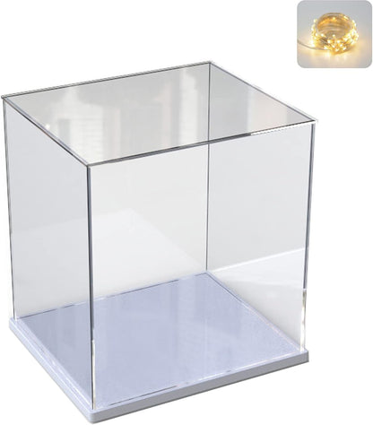 Thickened Clear Acrylic Display Case for Lego 10330 43268 76450 42170 10295 10353 Collectibles, Transparent Box Dustproof Protection with Wood-Plastic Base & String Light, Black Inside 40x20x20cm