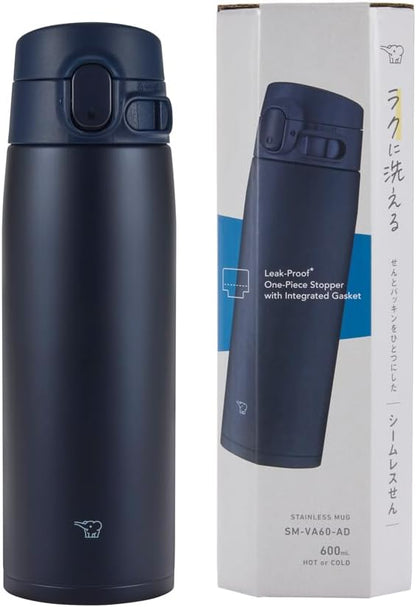 Zojirushi SM-VA60-AD Water Bottle, One-Touch Stainless Steel Mug, Seamless, 20.3 fl oz (600 ml), Navy