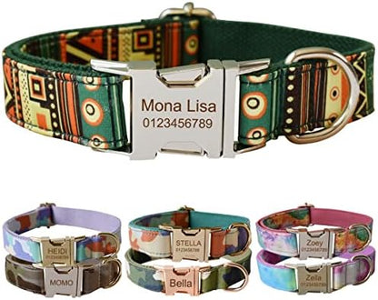 Custom Dog Collar with Metal Buckle - Pet Collars Personalized with Name and Phone Number (Plaid)