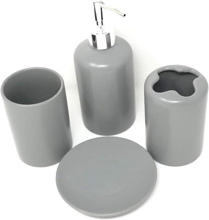 WPM 4 Piece Ceramic Bath Accessory Set | Includes Bathroom Designer Soap or Lotion Dispenser w/Toothbrush Holder, Tumbler, Soap Dish Choose from Purple, Black, Brown, Navy or Burgundy (Brown)