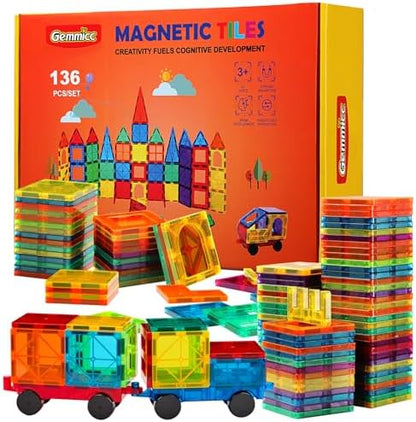 Gemmicc Magnetic Tiles, Deluxe 136 PCS Building Blocks Magnet Toys for Kids,3D Magnet Puzzles Stacking Blocks for Boys Girls,Huge Set with 2 Cars