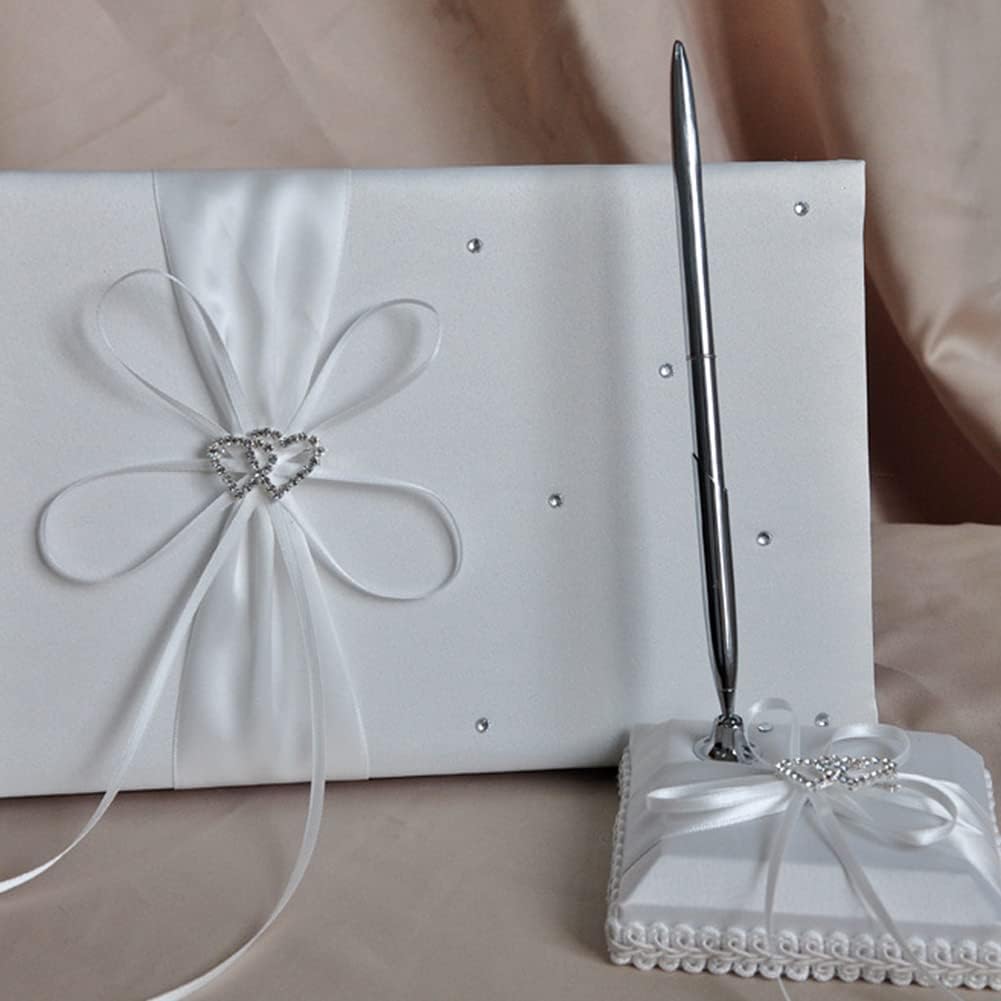 Gigicloud Wedding Guest Book Set, Ribbon Bow Wedding Guest Signature Book with Pen Holder Bowknot Wedding Memory Book Wedding Registry Guestbook for Baby Bridal Shower Wedding Party