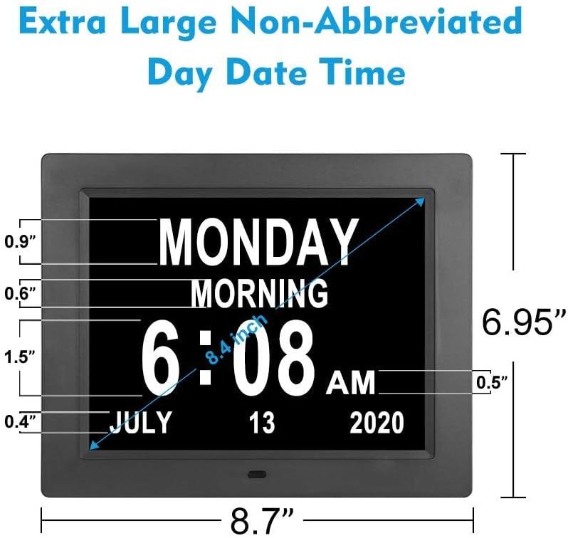[2025 Newest] Digital Day Calendar Clocks 3 Medicine Reminders Extra Large 8 Inch Non-Abbreviated Day Date Month Dementia Senior Clock for Eldarly Memory Loss Vision Impaired Clock