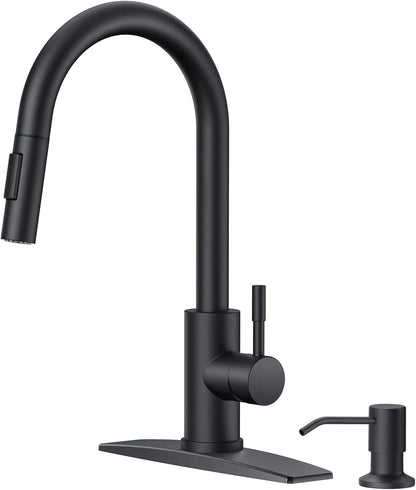 FORIOUS Kitchen Faucet with Pull Down Sprayer, Stainless Steel Single Handle Classic Sink Faucet 1 Or 3 Hole, Dual Function Faucet for Farmhouse, Camper, Laundry, Rv, Bar, Mattle Black