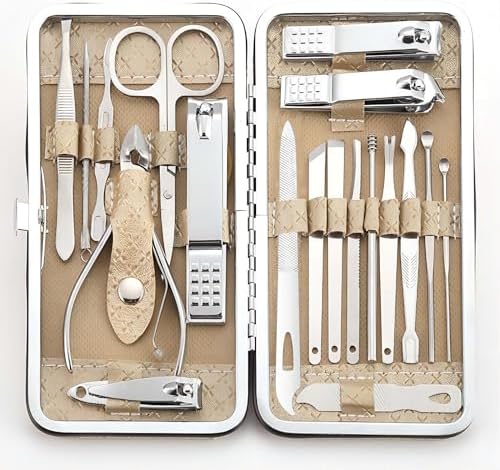 Manicure Set - 19 in 1 Professional Nail Clippers Pedicure Kit, Manicure Tool Kit, Stainless Steel Facial Grooming Set Kit, Gift Idea for Women, Men, Girls, Teens, Beige