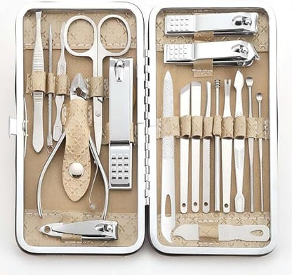 Manicure Set - 19 in 1 Professional Nail Clippers Pedicure Kit, Manicure Tool Kit, Stainless Steel Facial Grooming Set Kit, Gift Idea for Women, Men, Girls, Teens, Beige