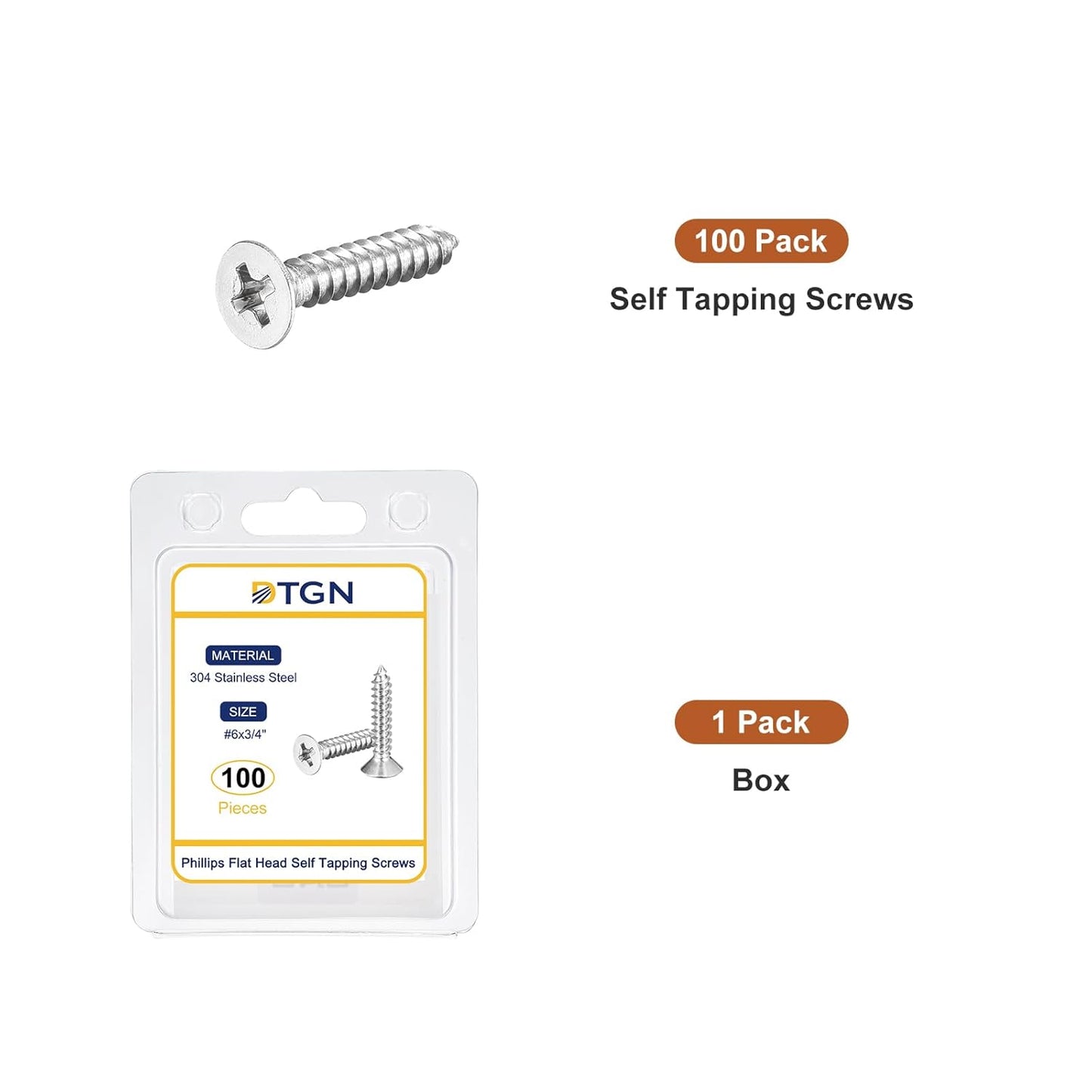 DTGN 100Pcs #6x1/2 Flat Head Wood Screws, 304 Stainless Steel Phillips Self Tapping Screws - Good for Woodworking, Furniture - Silver