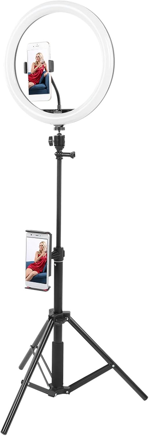 Dimmable LED Ring Light with Adjustable Tripod | Three color temperatures, 10 brightness levels, compatible with smartphones, used for photography, video