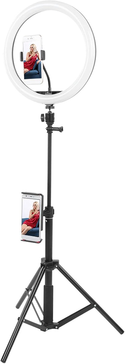 Dimmable LED Ring Light with Adjustable Tripod | Three color temperatures, 10 brightness levels, compatible with smartphones, used for photography, video