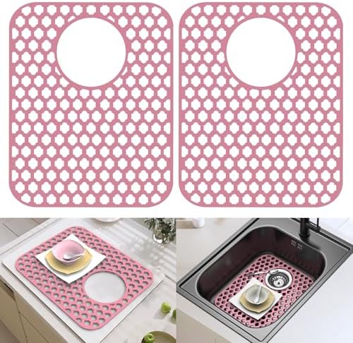BEHOK 2 Pack Silicone Sink Protector for Kitchen Sink Bathroom Sink 13.58"x 11.6" Sink Mat, Non-Slip and Durable Silicone Sink Grid, Rear Drain (Gray)