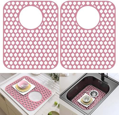 BEHOK 2 Pack Silicone Sink Protector for Kitchen Sink Bathroom Sink 13.58"x 11.6" Sink Mat, Non-Slip and Durable Silicone Sink Grid, Rear Drain (Gray)