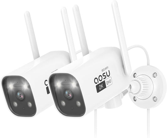 AOSU 2K Security Camera Outdoor with Color Night Vision, 2 Pack Wired Home Security Cameras Support 24/7 Recording, Auto Tracking, Voice Changer, 2 Way Audio, 2.4/5 GHz WiFi, Works with Alexa/Google