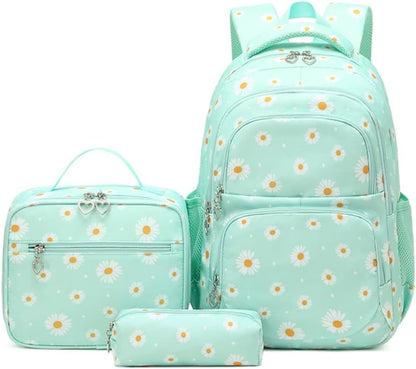 3Pcs Daisy Prints Backpack for Girls Bookbag set Primary School Daypack Elementary Students Knapsack with Lunch Box