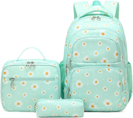 3Pcs Daisy Prints Backpack for Girls Bookbag set Primary School Daypack Elementary Students Knapsack with Lunch Box
