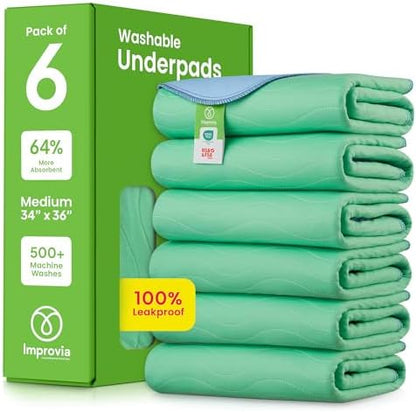 IMPROVIA® Washable Underpads, 34" x 36" (Pack of 4) - Heavy Absorbency Reusable Bedwetting Incontinence Pads for Kids, Adults, Elderly, and Pets - Waterproof Protective Pad for Bed, Couch, Sofa, Floor