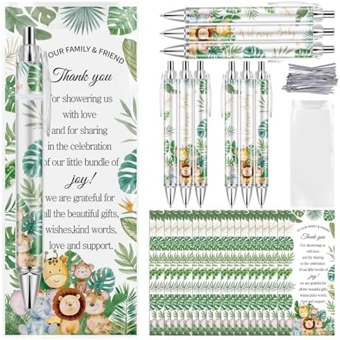 Lebsitey 50 Sets Pen Baby Shower Favors Gifts for Guests Includes 50 Rolling Paper Ballpoint Pens and 50 Greeting Thank You Bookmarks Baby Shower Party Favors (Safari)