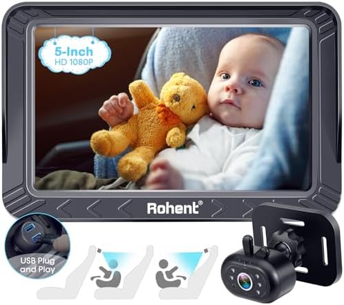 Rohent Baby Car Camera HD 1080P - Rear-Facing Infant Monitor with Night Vision Car Camera for Baby 150° Wide-Angle Lens Anti-Glare Screen Easy Install 360° Adjustable Display